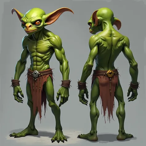 A detailed character design sheet of short green goblin with front and back views, MALE Goblin, (rear view), (camera to his back), (skinny), (back side view), (full body view), green skin, holding nothing, BALD, BIG HEAD, tattered small loincloth, (almost ...