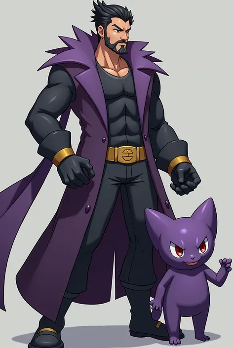 I want to create a current Pokémon trainer, 30 years old, with short hair, With a short beard with mustache. Physically sturdy, 175 centimeters tall and 70 kilos , who wears dark type pokemon clothes inspired by gengar,  he has no hat or object that covers...