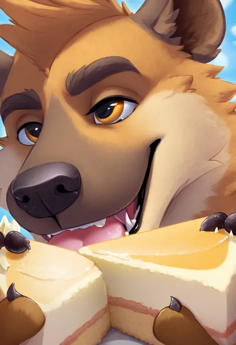 Close-up of an anthropomorphic hyena furry eating a cheesecake