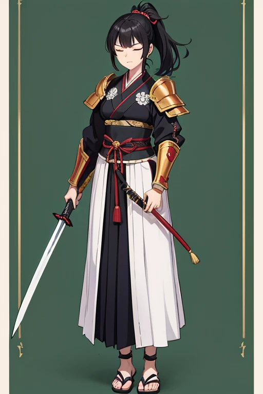  anime picture 、 full body portrait 、 Armor Warlord in the Sengoku period、Background is blank、A 28-year-old Yoroi warrior woman with a height of about 155 cm and wearing a green hakama with a naginata in her hand、 serious look、 eyes closed 、 black hair wit...