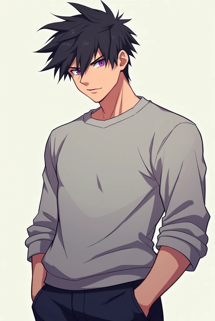 Male anime character with black hair , violet eyes,  fair skin and muscular body , With sweatshirt clothes