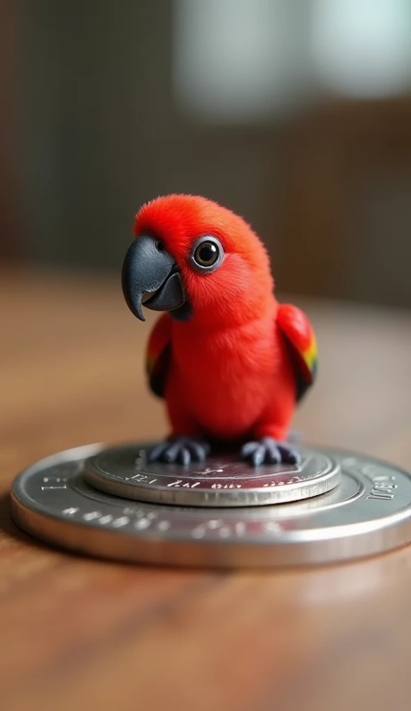 The worlds smallest scarlet macaw baby, Landed on someone&#39;s finger,  is unquestionably adorable and charming. The photos are very realistic、 miniature scarlet macaw riding on the coin on the table.
