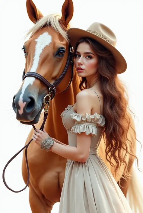 3D, 64K, very realistic, watercolor, precise details, beautiful woman with a beautiful horse, artistic style Josephine Wall and Victoria Frances and Mirela Anton and Tim Burton, realistic digital illustration, beautiful victorian era woman with long wavy b...