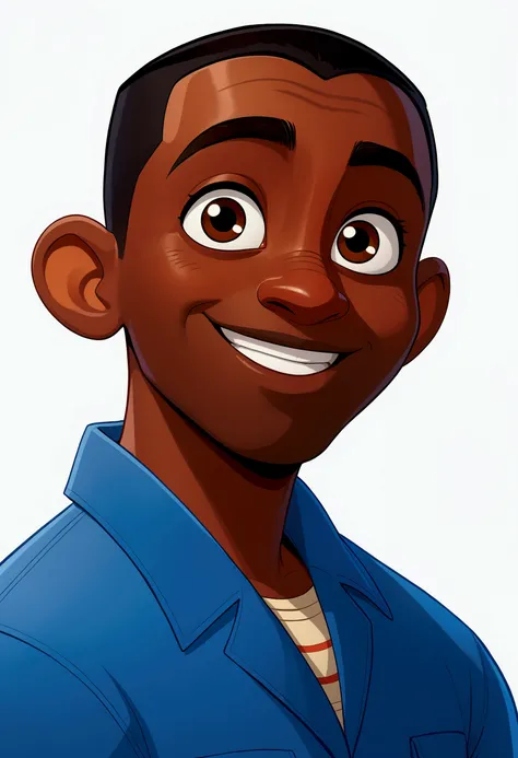 a black man, front profile,  big eyes , flat nose ,40 years,   smiling in Disney Pixar cartoon style