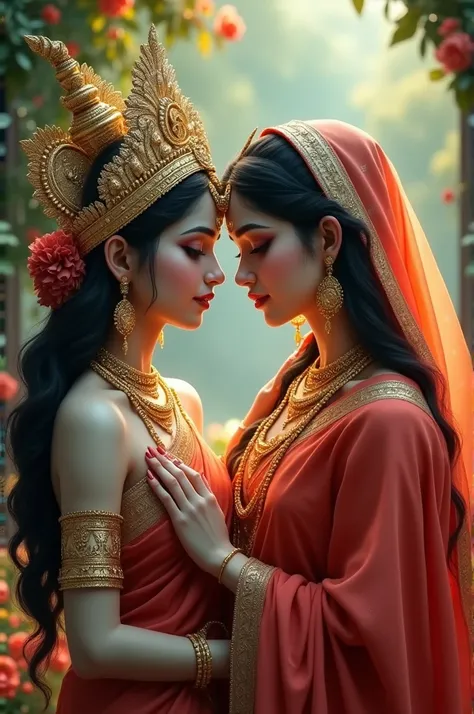 The image is a portrait of two Hindu goddesses, Radha and Krishna. They are both dressed in traditional Indian attire, with Radha wearing a gold crown and Krishna wearing a red saree. Both goddesses are smiling and looking at the camera. The background is ...