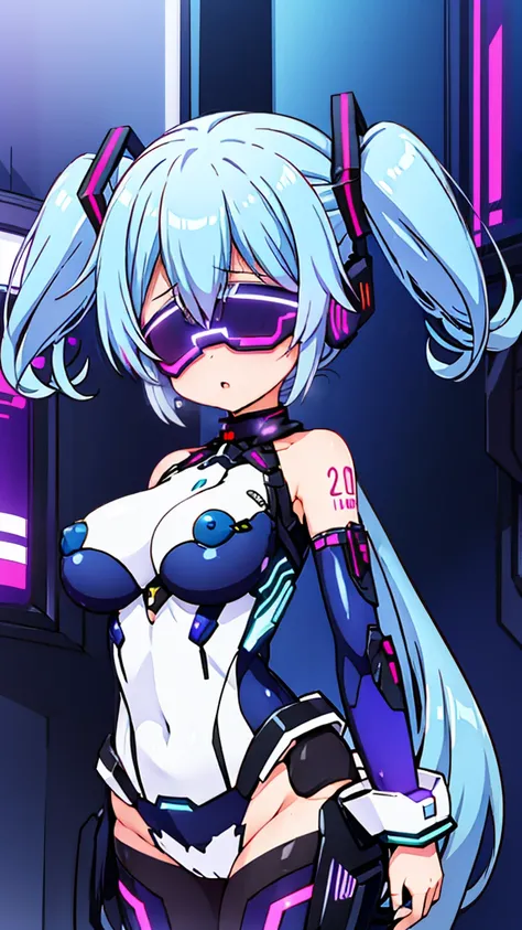 Hatsune Miku VOCALOID,  twin tails,  Light Blue Eyes,  light blue hair,  Bodysuit , (Mecha Girl),  cyberpunk,  ultimate physical beauty,  beautiful eyes , Big Breasts,  Embarrassing Looks  , bedroom,  big chest , , top quality,  Max Image,