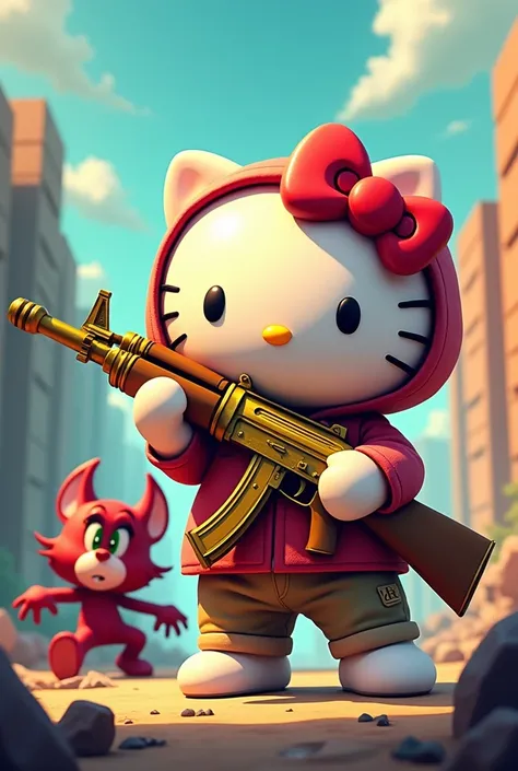 An animated cartoon of a Hello Kitty wearing a gold AK47 with a pixelated chest and hood next to the demon of Tasmania from the Looney Tunes and with Alex on her chest 