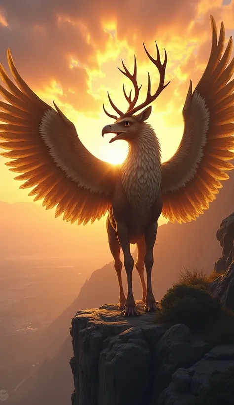 

"A majestic hybrid creature combining the features of an eagle and a deer. The body is primarily that of a deer, with sleek fur and elegant limbs, but its head merges with the traits of an eagle, including a sharp, curved beak, piercing eyes, and a crown...