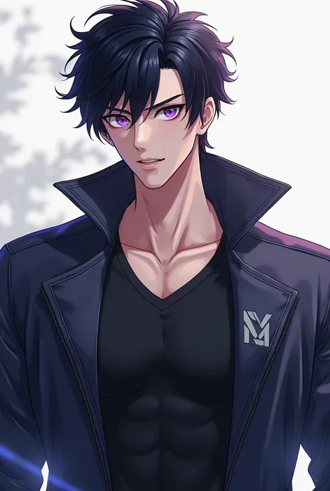 Male anime character with black hair , violet eyes,  fair skin and muscular body , with jacket