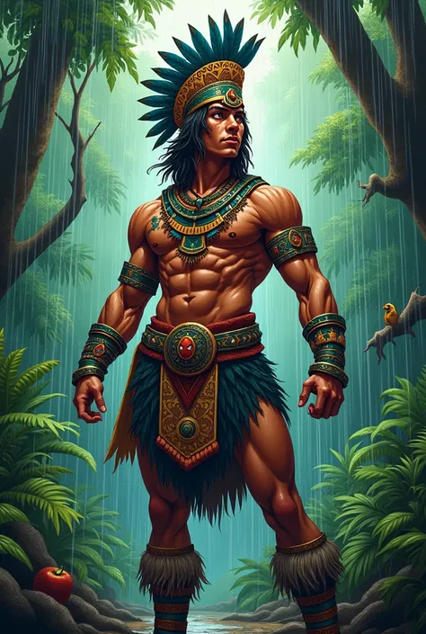 Realistic and colorful Comic-style image of an Aztec scene of :  a handsome Aztec warrior boy in a jungle clearing under a torrential rain.