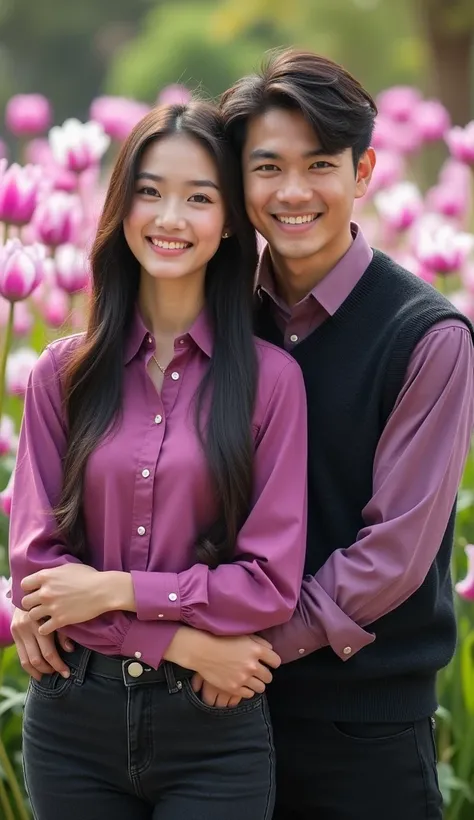 Photograpy Friendly Smiling Lovers A Beautiful korean-thai Woman Wearing A soft Magenta Elegant feminim shirt and  wear a black jeans long vest, long straight thick hair, In setting on the shoulder of A young Indonesian charming Man  with fair skin Wearing...