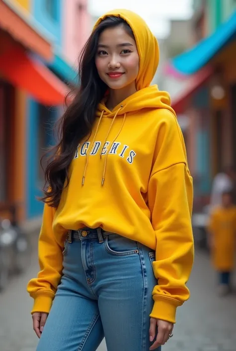 a full body picture of beautiful Asian young woman,, wearing yellow hijab, yellow hoodie write "L" on long cut hoodie and blue jeans, and yellow high cut converse shoes. back ground is colorful, vibrant, ((Masterpiece, Top Quality, High Resolution, Photore...