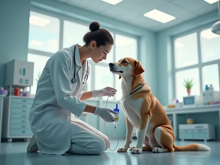 Give me an image of a dog connected to an intravenous serum by a veterinary doctor in a veterinary clinic
