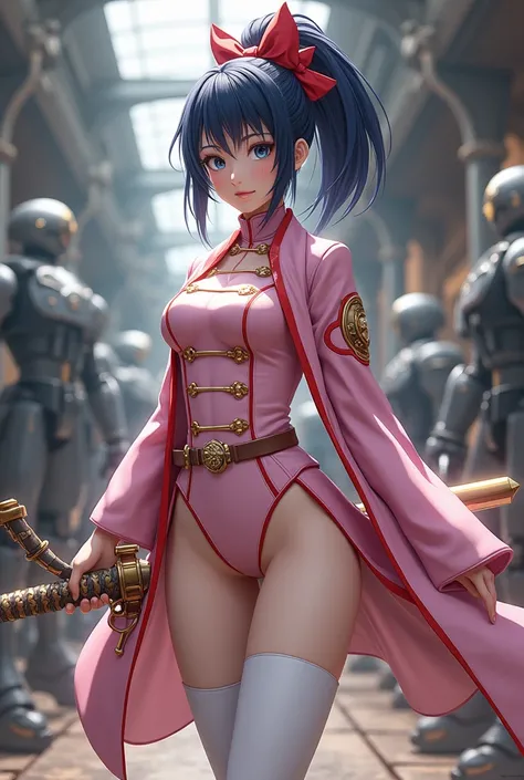 A young woman with a katana, inspired by Sakura Shinguji from Sakura War, in a soft pink military uniform with gold accents and red ribbons. A form-fitting pink jacket, paired with white tights. Her dark blue hair was styled in a high ponytail, tied with a...