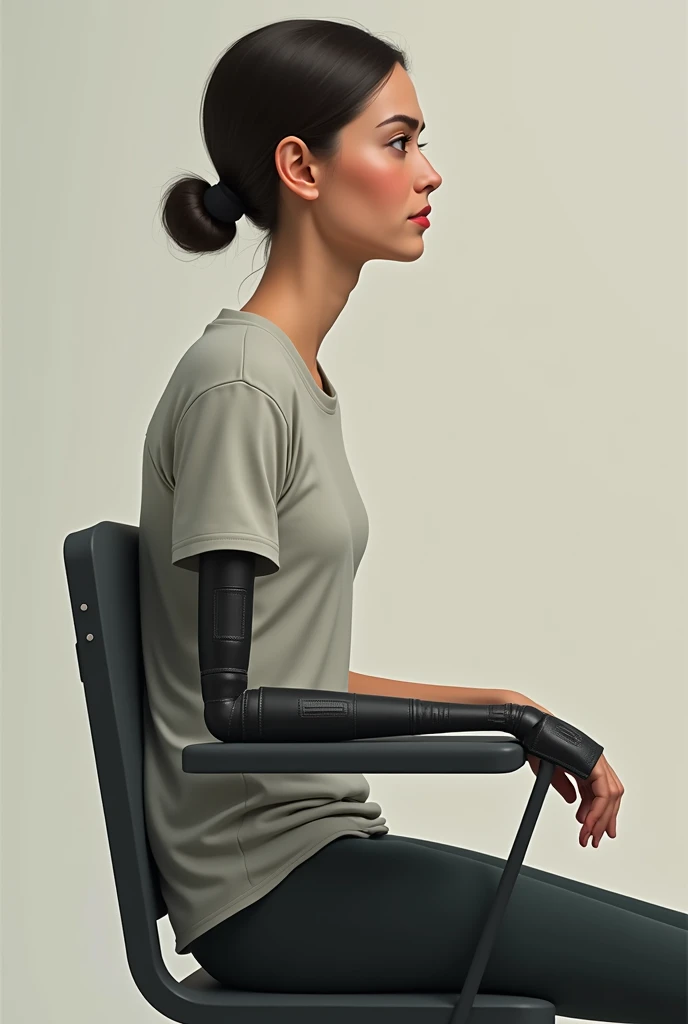 Person with transradial amputation , sitting,  with a straight back , keeping the amputated arm  ( transradial amputation on an armrest