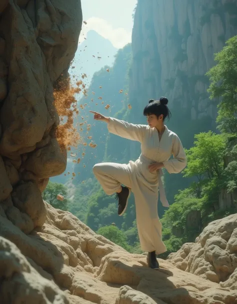 Realistic, ultra detailed, best quality, absurdres, 1girl, young woman, navy color short hair, (space buns and blunt bangs hair), kung fu lady, kung fu clothes, crack a gigantic rock in two with a single blow, straight powerful punch on the cliff, devastat...