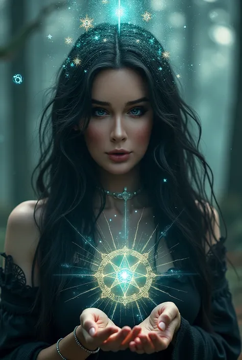 a woman with long black hair, mysterious eyes, sparkles of light on her head, geometric symbols in her hand, an enchanted hut in the background, magnetic field, many images around, best quality, 4k, 8k, highres, masterpiece:1.2, ultra-detailed, realistic, ...