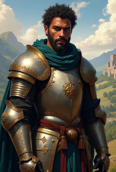 Youthful 40 year old man with deep brown skin, soulful brown eyes, and large stature. He is a honorable medieval knight. Photorealistic. 