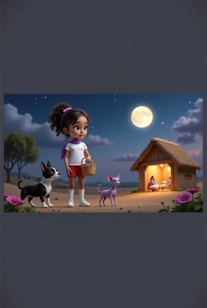 Inspired by the characters in the films on the Disney Pixar posters in high quality and high resolution 3D create the image taken from the back the girl with basket in her hands with a bun at her side her dog a French bulldog puppy black and white with pre...