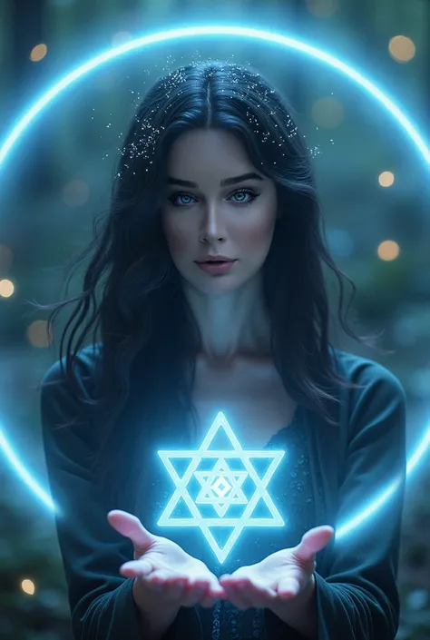 a holographic field of light in the shape of a circle, around a woman with long black hair, mysterious eyes, sparkles of light on her head, geometric symbols in her hand, an enchanted hut in the background,
