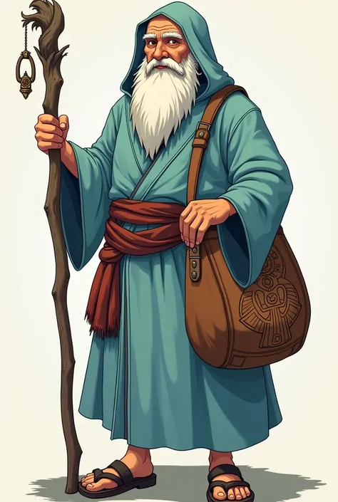 A full-length close-up anime illustration portrait of a 70-year-old wise man, with a white beard, a luminous gaze, wearing a light blue, hooded linen tunic, in one hand he holds a staff containing a power gem, he carries a leather bag with Incan engravings...