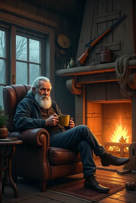 An aged man with a storied visage finds refuge in a snug cabin amidst a steadfast rain. His grip tightens around a warm mug of coffee, its scent enveloping the space. Sitting in a timeworn chair, hes surrounded by the whispers of the past in the rustic dec...