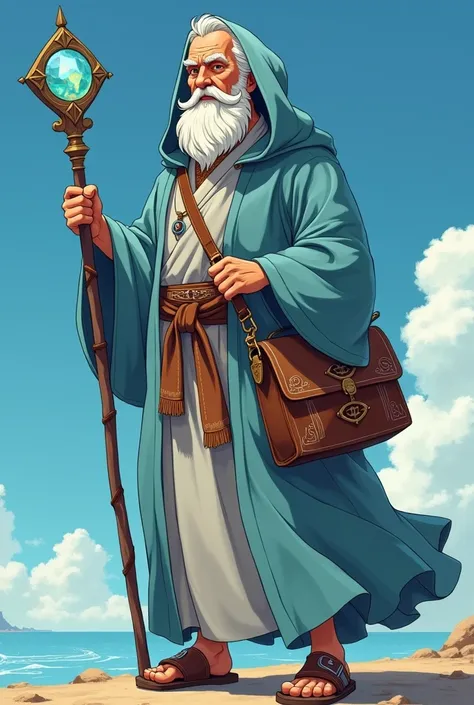 A full-length close-up anime illustration portrait of a 70-year-old wise man, with a white beard, a luminous gaze, wearing a light blue, hooded linen tunic, in one hand he holds a staff containing a power gem, he carries a leather bag with Incan engravings...