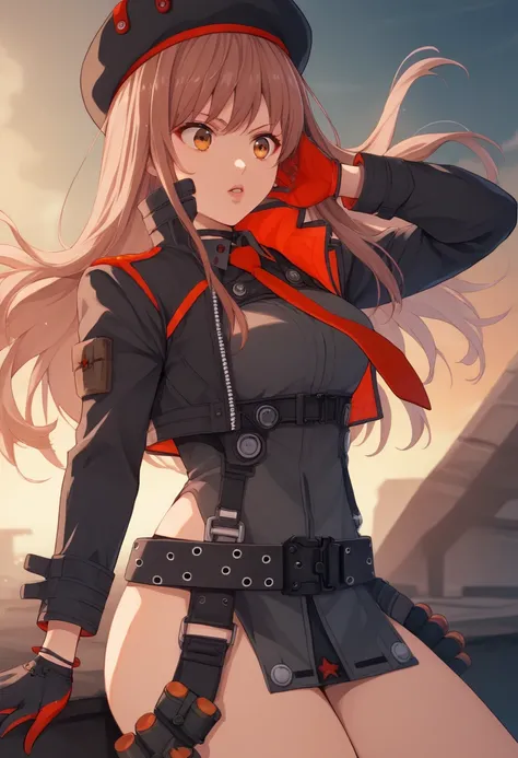  score_9,  score_8_up,  score_7_up,  source_ anime BREAK 1GIRL , Alone, Rapidef,  orange eyes ,  brown hair ,  long hair, bangs, beret,   black jacket,  cropped jacket,  red tie,  gloves, belt, Thighsまで丈の靴下, Open lips,  watches viewers,  sci-fi , Thighs