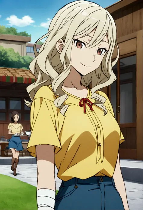 Screenshot of Bungo stray dogs  girl with slightly tanned white teas with long wavy light blond hair with a red ribbon on it, deep brown eyes , with a happy expression, wearing a rounded-up yellow blouse and blue denim skirt ,  bandaged around the arms and...