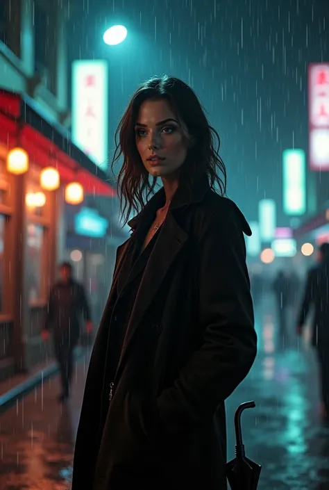 A hot brunette in a crowded, neon-lit street at night, standing under a flickering streetlight. She’s in her late twenties, dressed in a sleek, black trench coat, with a look of quiet determination on her face. The rain falls softly around her, creating ri...