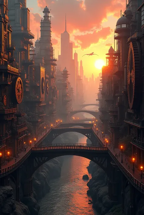 Steampunk Worlds、Steampunk cityscape filled with gears of all sizes, intricate machinery and cogs, Victorian architecture, atmospheric lighting, and a vibrant sunset in the background, showcasing a bustling metropolis powered by steam and innovation.、Gears...