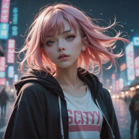 A Japanese woman. Pink hair with bangs. hoodie. Tank top. Neon city . In the wind 