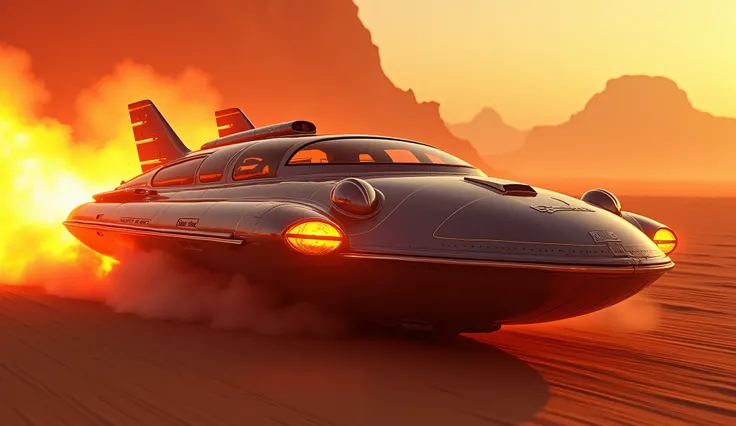 A sleek hovercraft with retro fins and neon lights, powered by nuclear fusion, speeding across the radioactive desert, its body reflecting the surrounding fiery glow.