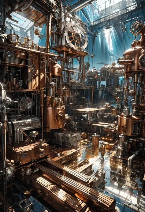 secret steampunk factory on the blue, transparent ocean floor, exposed machine parts, silver plated, copper plated, and gold bars, workers, steampunk loose baggy factory uniforms, effective effects, bold and dynamic, contrasts of light and shadow, 2.5D, ar...