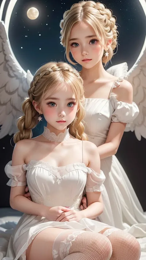 (Two very cute girls:1.3), ((Best Quality)), ((masterpiece)), (detailed), (French braid), (blonde hair), Romantic low bun, Elbow gloves, Small breasts, vintage slip, knee high socks with frill, (Blushed), (cheek:1.3), shame, Confused, earrings, Silky white...