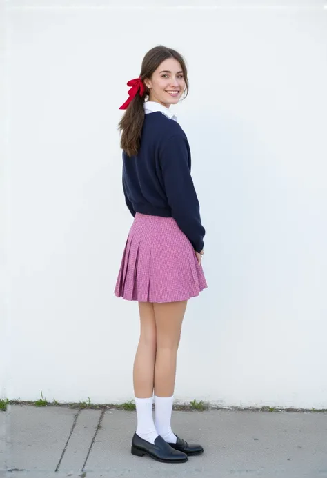 A young woman with pale skin, rosy cheeks, large expressive grey eyes, round face, long brown hair styled in a ponytail with a red ribbon. She is wearing a navy blue V-shaped sweater, a white shirt underneath, a pink pleated plaid skirt, navy blue socks, a...