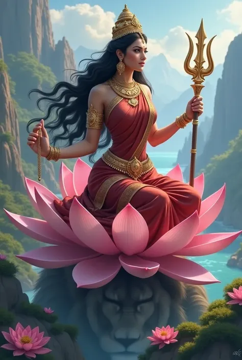 "Create an image of the extremely beautiful Goddess Veera Lakshmi (Dhairya Lakshmi), with stunning facial features, radiant skin, and long, flowing wavy hair. Her body is tall, slim, and graceful like a fashion model. She is dressed in a traditional deep r...