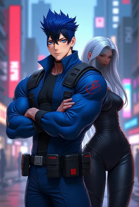 male, dark blue hair, bright blue eyes, muscular, wearing modern blue combat jacket with red accents. Behind him only showing her back a woman a little shorter than him, she has flowing long white hair, sexy and badass, wearing black modern clothes, city b...