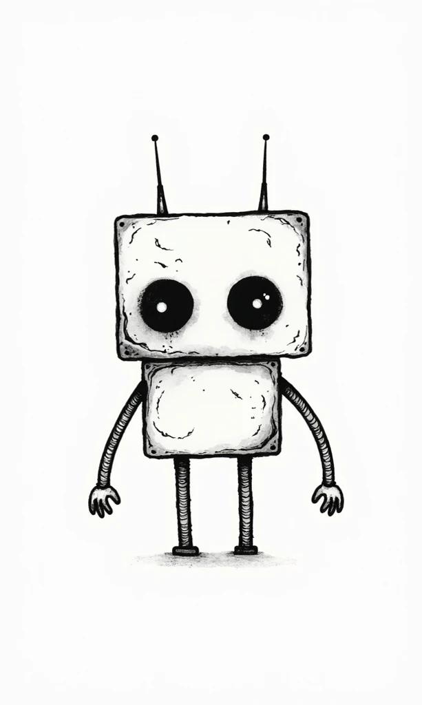 A stylized, black and white drawing of a small, boxy robot. The robot is positioned in the center of the image. It has large, empty, black eyes and a slightly distressed, worn appearance, as if made of damaged metal.  Its body is a simple rectangular shape...