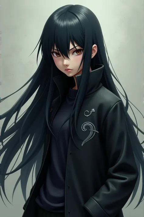 Naruto Shippuden long black hair and black clothing shorts and jacket eyes 