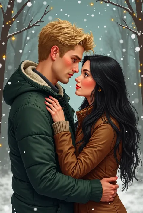  man of 30 years old blonde hair green eyes chiseled jaw ,  dressed casually .  Embracing around the waist a young woman with long black hair ,  yellow eyes with a little freckles on her cheeks and nose wearing winter clothes against a Christmas background...