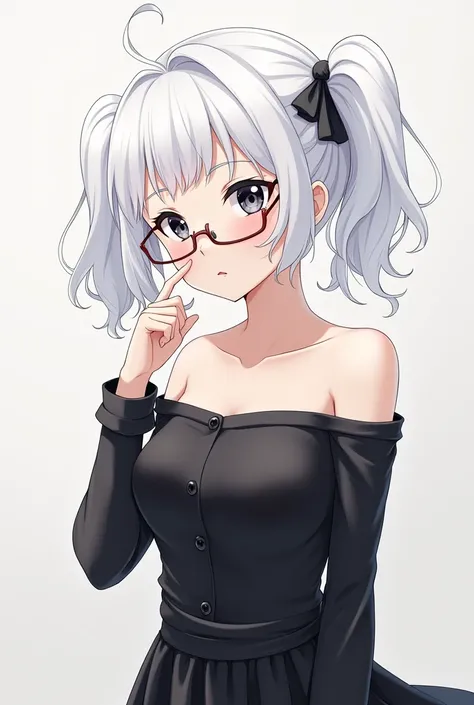  An anime-style character , White hair tied on both sides,  two short Maria s , with small black ribbon on the head , black eyes,  along with visible eyelashes , a straight eyeglass  ,  an outfit that falls on a black shoulder along with a small black skir...