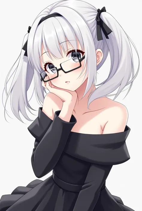  An anime-style character , White hair tied on both sides,  two short Maria s , with small black ribbon on the head , black eyes,  along with visible eyelashes , a straight eyeglass  ,  an outfit that falls on a black shoulder along with a small black skir...