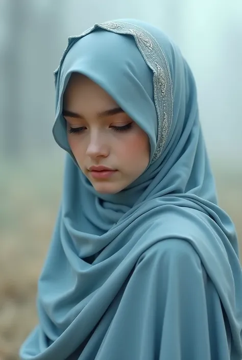 Woman with lightblue abaya and dusty blue hijab