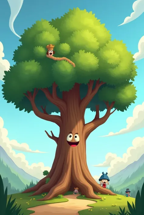  A tree with large roots , a stem ,  and three thick branches and above the tree a path that represents the challenges of life. Let the tree be animated like a cartoon and above the tree life obstacles that represent challenges 