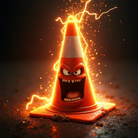 A very angry traffic cone with surrounding light effects 