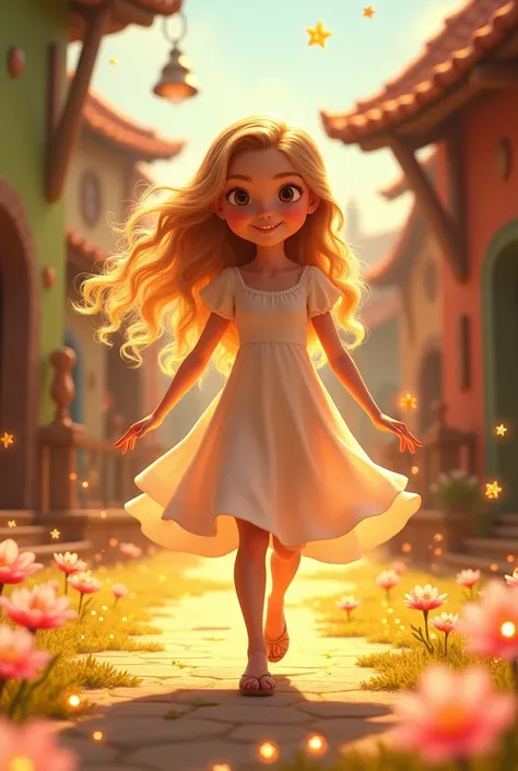 Animated image:"Ella, a cute girl with curly golden hair wearing a simple yet elegant dress, walking through the village in her magical gown, with glowing flowers blooming at her feet. ren and villagers cheer joyfully, and soft golden light surrounds Ella ...