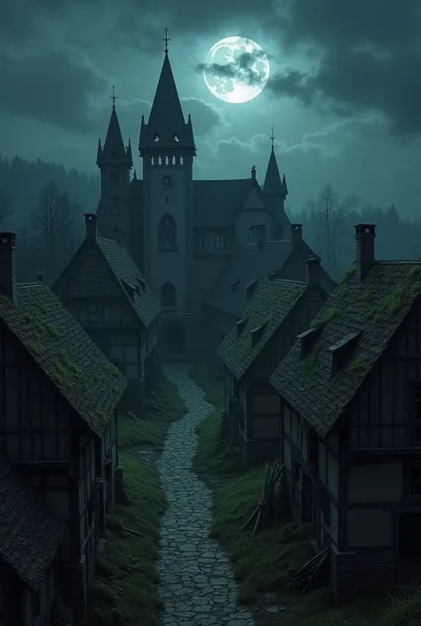  Abandoned medieval European village at night,  Very macabre view from above 