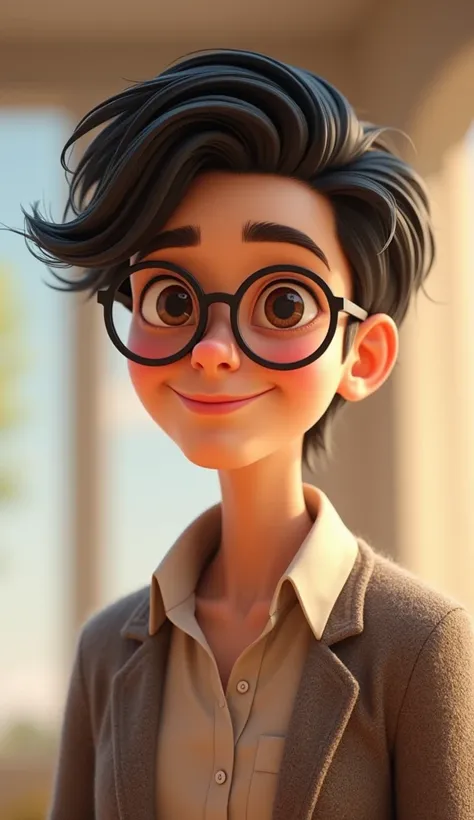 "} Design a charismatic animated avatar with round glasses positioned naturally on the face.  The character must exude sympathy ,  with a friendly smile and expressive eyes that convey confidence and joy .  Give him a unique style with well-groomed or slig...