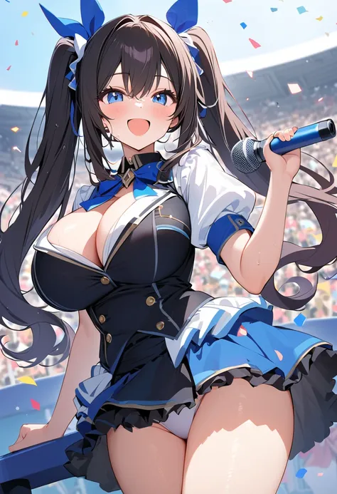 8k, 4k, best quality, masterpiece, One girl, Chomiku Plus Style, blue eyes,  smile, blue null, Wet,  Long Hair, Twin tails, Black Hair, Huge breasts:1.8, idol costume,Shoulder-exposing sleeves, open-chested, micro mini skirt, upskirt,white pantie, blue rib...